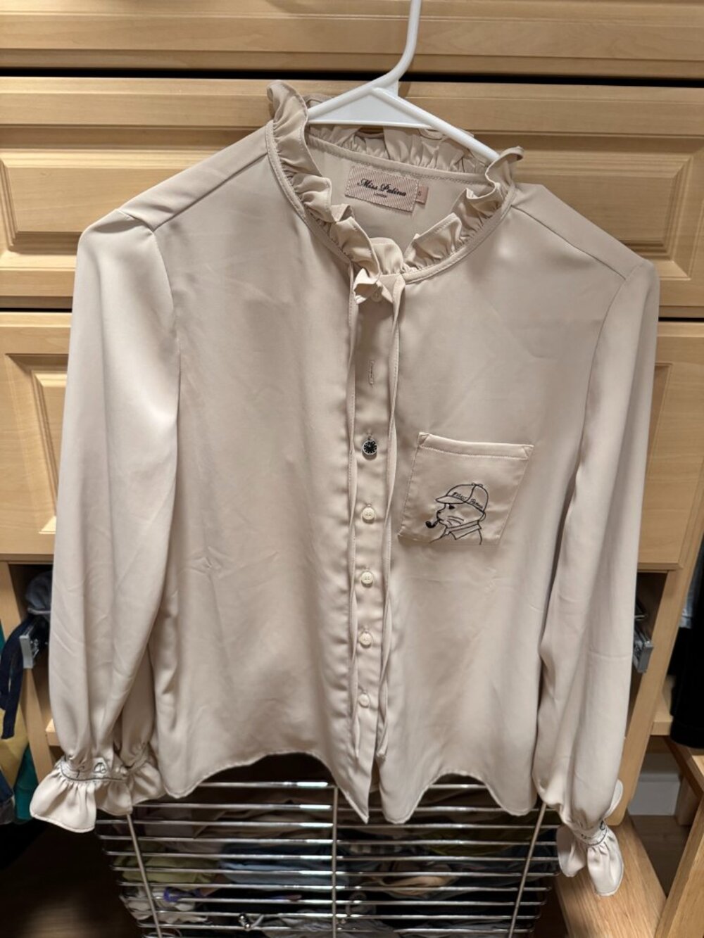 Miss Patina Beige Ruffle Collar Blouse with Embroidered Pocket — Size S